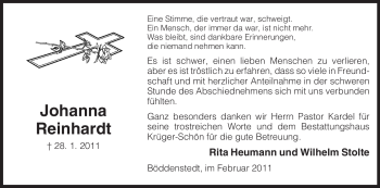 Traueranzeige von Johanna Reinhardt von ALLGEMEINE ZEITUNG UELZEN