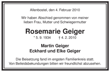 Traueranzeige von Rosemarie Geiger von ALLGEMEINE ZEITUNG UELZEN