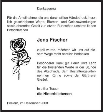 Traueranzeige von Jens Fischer von ALLGEMEINE ZEITUNG UELZEN