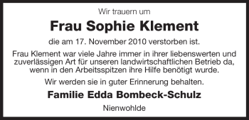 Traueranzeige von Sophie Klement von ALLGEMEINE ZEITUNG UELZEN