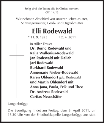 Traueranzeige von Elli Rodewald von ALLGEMEINE ZEITUNG UELZEN