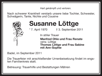 Traueranzeige von Susanne Löttge von ALLGEMEINE ZEITUNG UELZEN