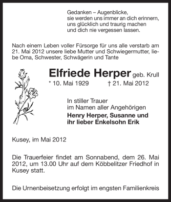 Traueranzeige von Elfriede Herper von ALLGEMEINE ZEITUNG UELZEN