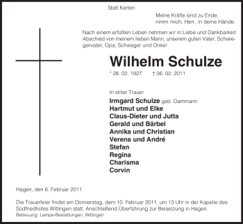 Traueranzeige von Wilhelm Schulze von ALLGEMEINE ZEITUNG UELZEN