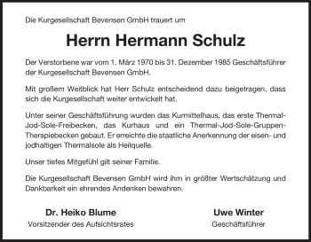 Traueranzeige von Hermann Schulz von ALLGEMEINE ZEITUNG UELZEN