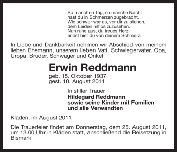 Traueranzeige von Erwin Reddmann von ALLGEMEINE ZEITUNG UELZEN