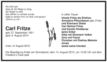 Traueranzeige von Carl Fritze von ALLGEMEINE ZEITUNG UELZEN