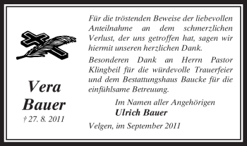 Traueranzeige von Vera Bauer von ALLGEMEINE ZEITUNG UELZEN