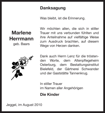 Traueranzeige von Marlene Herrmann von ALLGEMEINE ZEITUNG UELZEN