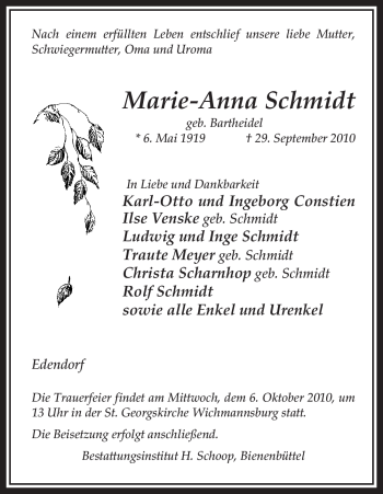 Traueranzeige von Marie-Anna Schmidt von ALLGEMEINE ZEITUNG UELZEN