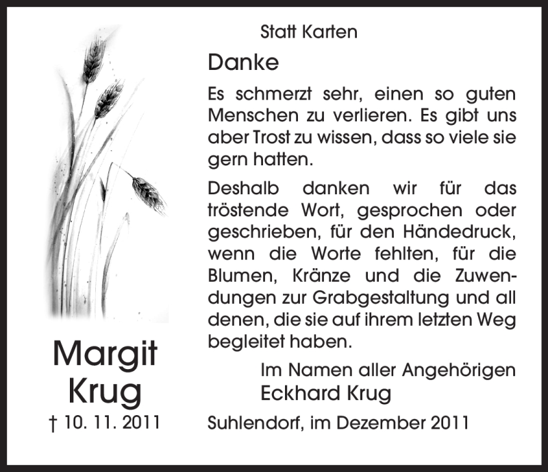  Traueranzeige für Margit Krug vom 10.12.2011 aus ALLGEMEINE ZEITUNG UELZEN