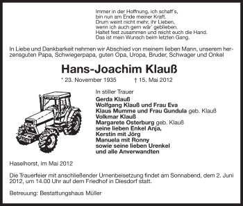 Traueranzeige von Hans-Joachim Klauß von ALLGEMEINE ZEITUNG UELZEN