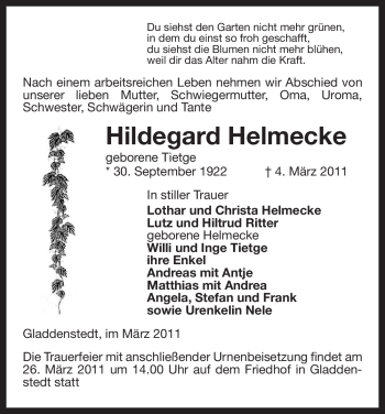 Traueranzeige von Hildegard Helmecke von ALLGEMEINE ZEITUNG UELZEN