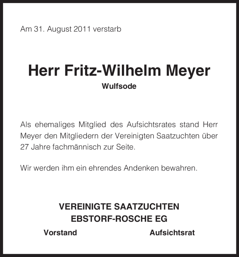  Traueranzeige für Fritz-Wilhelm Meyer vom 06.09.2011 aus ALLGEMEINE ZEITUNG UELZEN