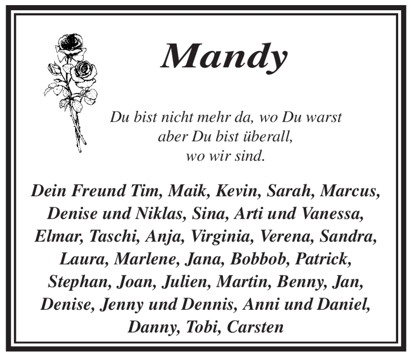  Traueranzeige für Mandy Unbekannt vom 23.02.2010 aus ALLGEMEINE ZEITUNG UELZEN