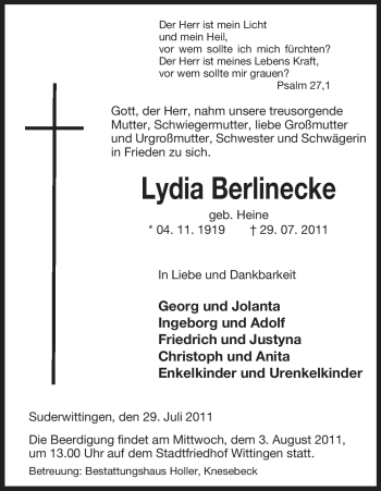 Traueranzeige von Lydia Berlinecke von ALLGEMEINE ZEITUNG UELZEN