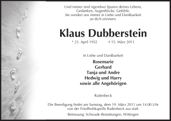 Traueranzeige von Klaus Dubberstein von ALLGEMEINE ZEITUNG UELZEN