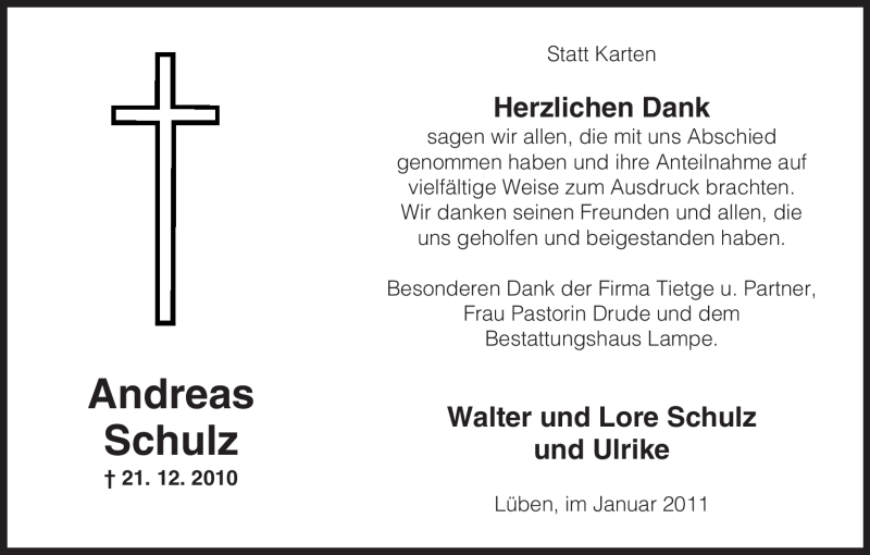  Traueranzeige für Andreas Schulz vom 21.01.2011 aus ALLGEMEINE ZEITUNG UELZEN