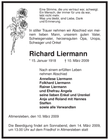 Traueranzeige von Richard Liermann von ALLGEMEINE ZEITUNG UELZEN