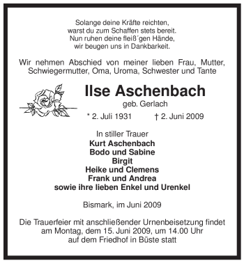 Traueranzeige von Ilse Aschenbach von ALLGEMEINE ZEITUNG UELZEN