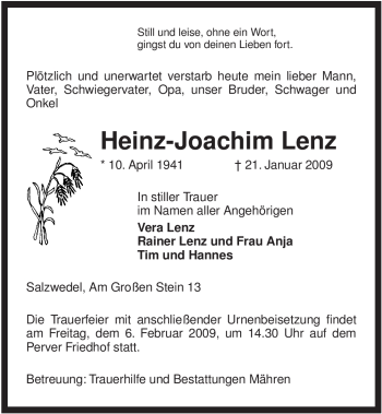 Traueranzeige von Heinz-Joachim Lenz von ALLGEMEINE ZEITUNG UELZEN