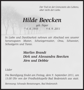 Traueranzeige von Hilde Beecken von ALLGEMEINE ZEITUNG UELZEN