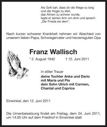 Traueranzeige von Franz Wallisch von ALLGEMEINE ZEITUNG UELZEN