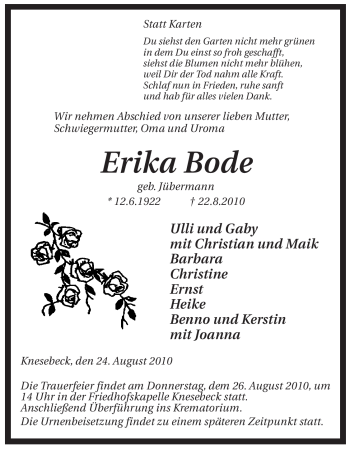 Traueranzeige von Erika Bode von ALLGEMEINE ZEITUNG UELZEN