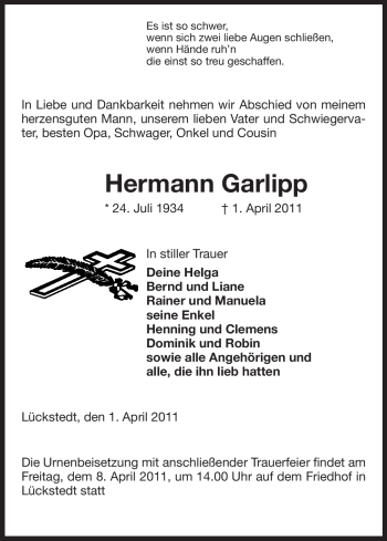 Traueranzeige von Hermann Garlipp von ALLGEMEINE ZEITUNG UELZEN