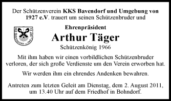 Traueranzeige von Arthur Täger von ALLGEMEINE ZEITUNG UELZEN