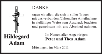 Traueranzeige von Hildegard Adam von ALLGEMEINE ZEITUNG UELZEN