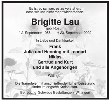 Traueranzeige von Brigitte Lau von ALLGEMEINE ZEITUNG UELZEN