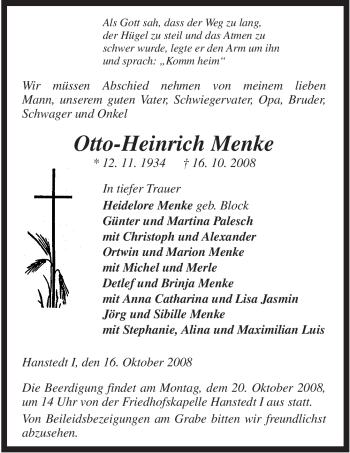Traueranzeige von Otto-Heinrich Menke von ALLGEMEINE ZEITUNG UELZEN
