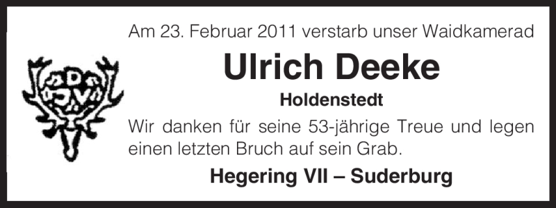  Traueranzeige für Ulrich Deeke vom 26.02.2011 aus ALLGEMEINE ZEITUNG UELZEN