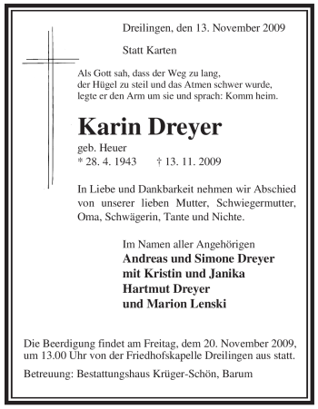 Traueranzeige von Karin Dreyer von ALLGEMEINE ZEITUNG UELZEN