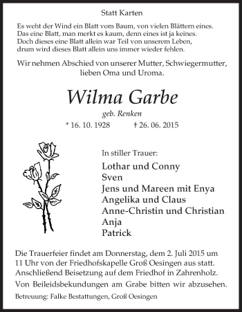 Traueranzeige von Wilma Garbe von Uelzen