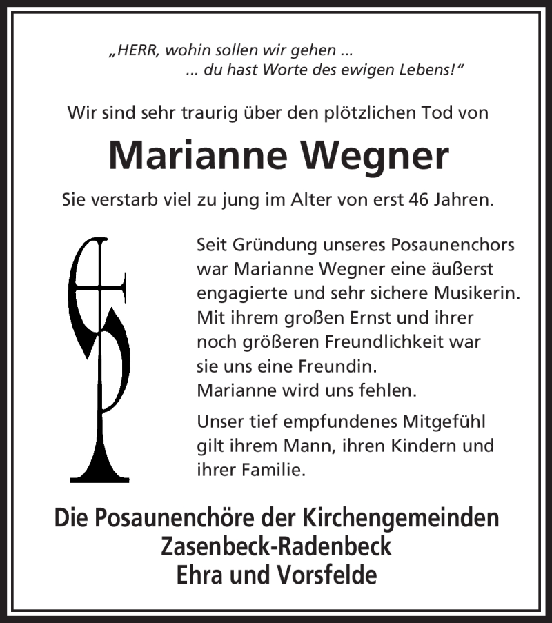  Traueranzeige für Marianne Wegner vom 13.10.2011 aus ALLGEMEINE ZEITUNG UELZEN