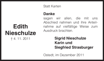 Traueranzeige von Edith Nieschulze von ALLGEMEINE ZEITUNG UELZEN