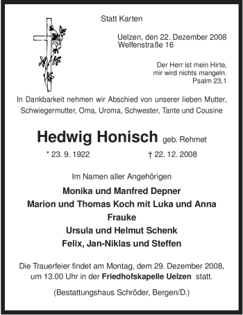 Traueranzeige von Hedwig Honisch von ALLGEMEINE ZEITUNG UELZEN