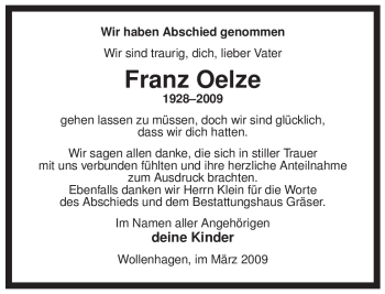 Traueranzeige von Franz Oelze von ALLGEMEINE ZEITUNG UELZEN