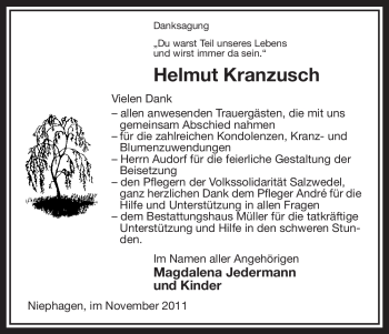 Traueranzeige von Helmut Kranzusch von ALLGEMEINE ZEITUNG UELZEN