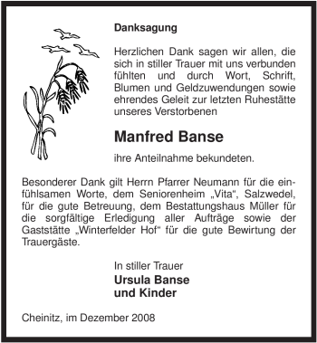 Traueranzeige von Manfred Banse von ALLGEMEINE ZEITUNG UELZEN