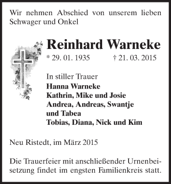 Traueranzeige von Reinhard Warneke von Uelzen