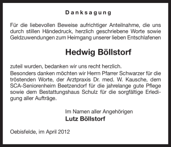 Traueranzeige von Hedwig Böllstorf von ALLGEMEINE ZEITUNG UELZEN