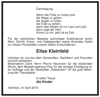 Traueranzeige von Elise Kleinfeld von ALLGEMEINE ZEITUNG UELZEN