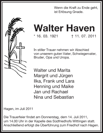 Traueranzeige von Walter Haven von ALLGEMEINE ZEITUNG UELZEN