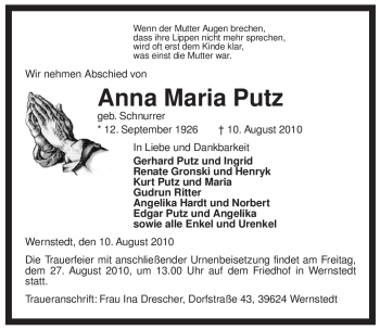 Traueranzeige von Anna Putz von ALLGEMEINE ZEITUNG UELZEN