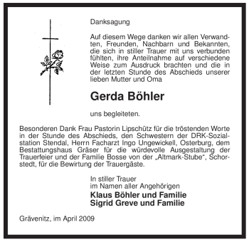 Traueranzeige von Gerda Böhler von ALLGEMEINE ZEITUNG UELZEN