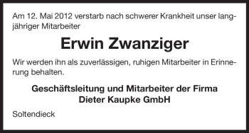 Traueranzeige von Erwin Zwanziger von ALLGEMEINE ZEITUNG UELZEN