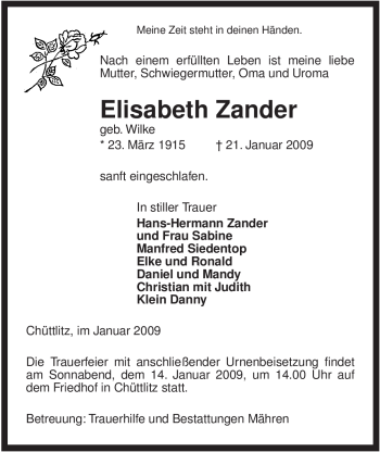 Traueranzeige von Elisabeth Zander von ALLGEMEINE ZEITUNG UELZEN